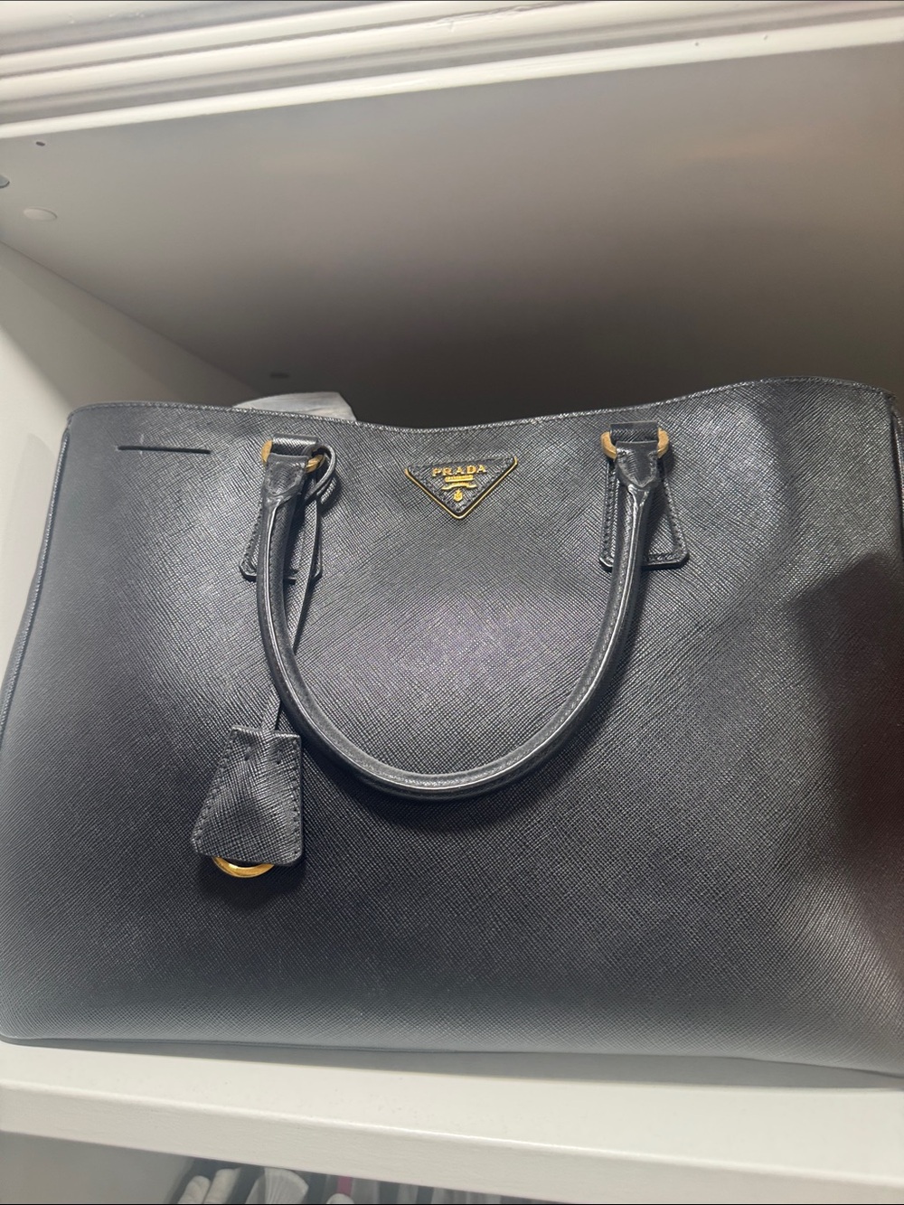 Prada Black Saffiano Leather Tote with Gold Accents
